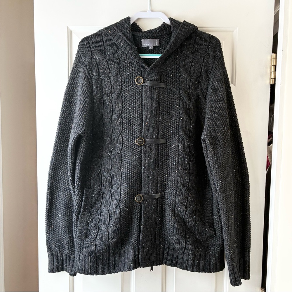 Vince Women’s Cable Knit Hooded Cardigan Speckled Black Charcoal Size L